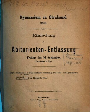 Einladung zur Abiturienten-Entlassung. 1872/73