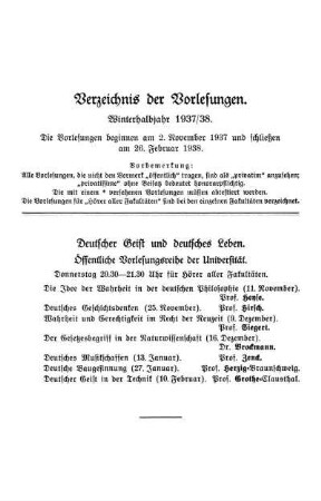 Verzeichnis der Vorlesungen. Winterhalbjahr 1937/38.
