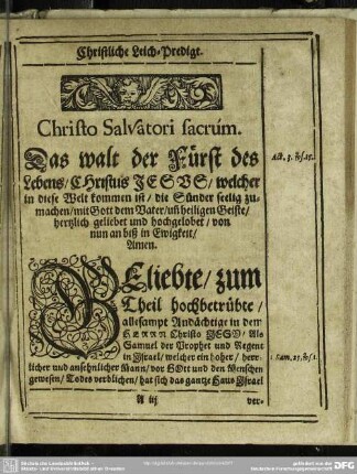 Leichenpredigt : Christliche Leich-Predigt. Textus. Eingang.