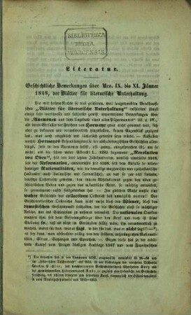 Geschichtliche Bemerkungen über N. IX bis XI, Jänner 1848, der Blätter f. literar. Unterhaltung (betr. Hormayr's Anemonen.)