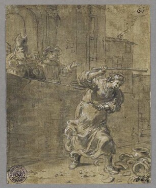 Eulenspiegel läßt eine Händlerin alles Geschirr zerschlagen, aus: "Geschichte des Till Eulenspiegel"