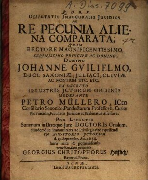 Dissertatio Inauguralis Juridica. De Re Pecunia Aliena Comparata