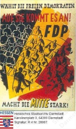 Deutschland (Bundesrepublik), 1949 August 14 / Wahlplakat der FDP (Freie Demokratische Partei) zur Bundestagswahl am 14. August 1949 / Skizze des Bundestags mit Redner und Zuhöhrern in die Farben schwarz-rot-gold unterteilt