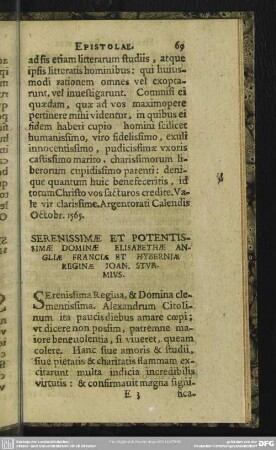 Serenissimae Et Potentissimae Dominae Elisabethae Angliae Franciae Et Hyberniae Reginae Ioan. Sturmius
