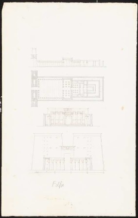 Tempel des Horus, Edfu: Ansicht des Eingangs, Grundriss, Längsschnitt, hinterer Querschnitt, Maßstabsleiste