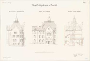 Bergakademie, Clausthal: Aufriss Seitenansicht und Hofansicht, Querschnitt 1:100