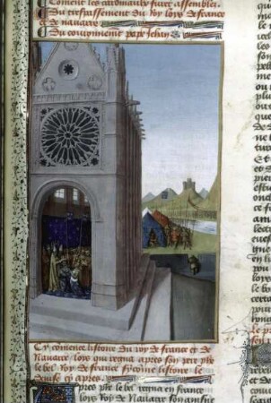Grandes Chroniques de France — Salbung des Königs Ludwig 10. und der Klementia von Ungarn in der Kirche zu Reims, Folio 326