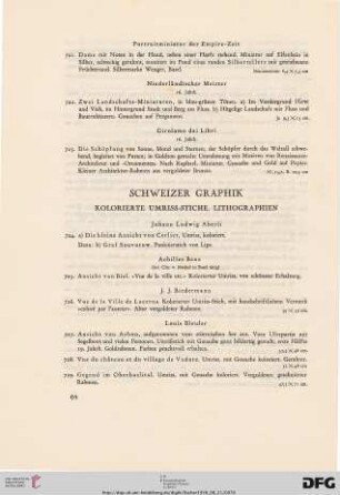 Schweizer Graphik. Kolorierte Umriss-Stiche, Lithographien (Nr. 724-763)