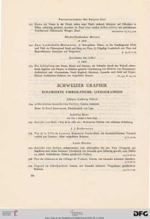 Schweizer Graphik. Kolorierte Umriss-Stiche, Lithographien (Nr. 724-763)