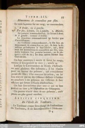 Article Cinquime. De l'Ecole des Tambours.
