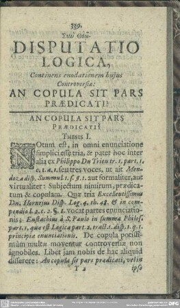 Disputatio Logica, Continens enodationem hujus Controversiae: An Copula Sit Pars Praedicati?