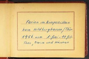 Ferien im Komponistenheim Hildburghausen/Thüringen. Kunstledereinband (Falbin-Erzeugnis) mit Goldrahmung, geprägt, Papier, geklebt, ca. 8,9 x 12,3 x 2,5 cm (1965). Dresden: SLUB, Deutsche Fotothek 2013.A.210