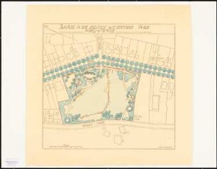 Platz auf Marly, Lübeck: Grundriss der Anlage nach der Fertigstellung (Bestand 1914) 1:500, Maßstabsleiste, Einzeichnung von 4 Blickrichtungen