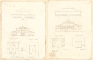 ohne Verfasserangabe; Unidentifizierte Hallenbauten - Aufrisse, Grundrisse verschiedener Bauten