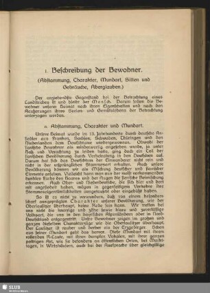 1. Beschreibung der Bewohner. (Abstammung, Charakter, Mundart, Sitten und Gebräuche, Aberglauben)