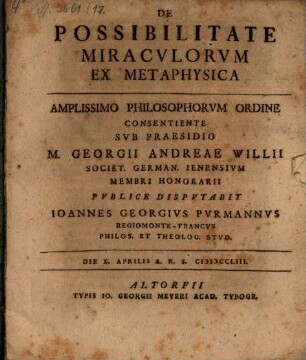 De Possibilitate Miracvlorvm Ex Metaphysica