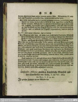 LI. Defensiv-Allianz zwischen Kayserliche Majestät und den Churfürsten von Trier, d. 18. Febr.1662