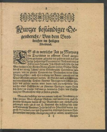 Kurtzer beständiger Gegenbericht/ Von dem Brotbrechen im heiligen Abendmal.