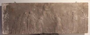 Jesus auf einem Felsen sitzend, predigt den Jüngern (?) im Beisein von Gottvater und Engeln