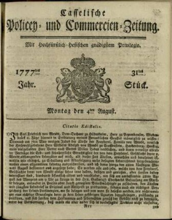 31tes Stueck, Montag den 4ten August 1777