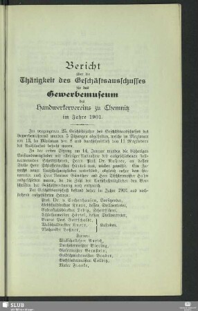 Bericht über die Thätigkeit des Geschäftsausschusses für das Gewerbemuseum zu Chemnitz im Jahre 1901