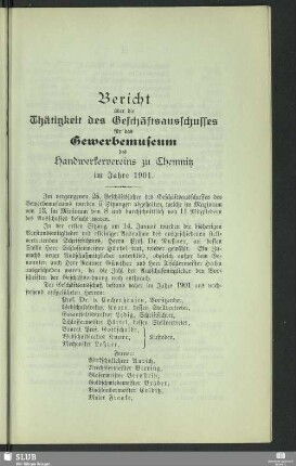 Bericht über die Thätigkeit des Geschäftsausschusses für das Gewerbemuseum zu Chemnitz im Jahre 1901