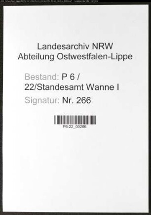 Sterberegister Standesamt Wanne-Eickel / Wanne I