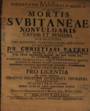 Dissertatio Inavgvaliis Medica In Qva Mortis Svbitaneae Nonvulgaris Cavsas Et Remedia
