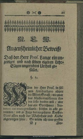 Augenscheinlicher Beweiß, Daß der Herr Prof. Lange ein unzeitiges und nach seinen eigenen Lehr-Sätzen ungerechtes Urtheil gefället