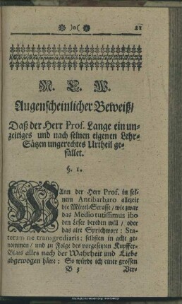 Augenscheinlicher Beweiß, Daß der Herr Prof. Lange ein unzeitiges und nach seinen eigenen Lehr-Sätzen ungerechtes Urtheil gefället