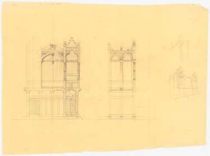 Orgelprospekt: Vorderansicht, Seitenansicht, Detailskizze, perspektivische Ansicht