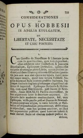 Considerationes Ad Opus Hobbesii In Anglia Evulgatum, De Libertate, Necessitate Et Casu Fortuito