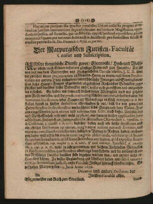 Der Marpurgischen Juristen-Facultät Censur und Subscription.