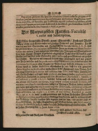 Der Marpurgischen Juristen-Facultät Censur und Subscription.