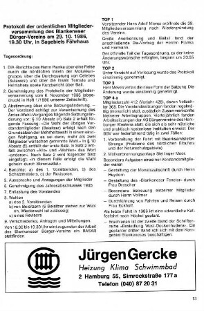 Protokoll der ordentlichen Mitgliederversammlung des Blankeneser Bürger-Vereins am 29. 10. 1986. 19:30 Uhr, in Sagebiels Fährhaus