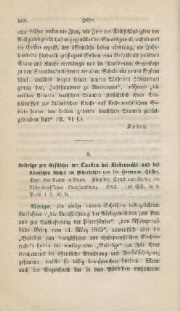 668-675 [Rezension] Hüffer, Hermann, Beiträge zur Geschichte der Quellen des Kirchenrechts und des römischen Rechts im Mittelalter
