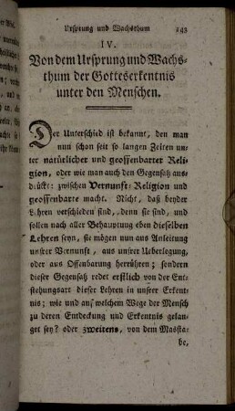 IV. Von dem Ursprung und Wachsthum der Gotteserkentnis unter den Menschen.