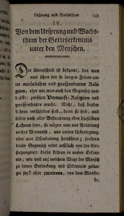 IV. Von dem Ursprung und Wachsthum der Gotteserkentnis unter den Menschen.