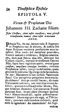 Epistola V. ad Virum & Prophetam Dei Johannem III. Zachariæ Filium