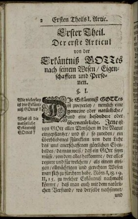 Der erste Articul von der Erkäntniß Gottes nach seinem Wesen, Eigenschafften und Personen