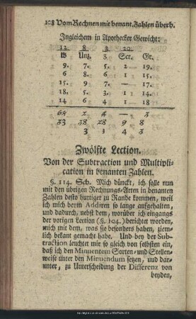 Zwölfte Lection. Von der Subtraction und Multiplication in benanten Zahlen