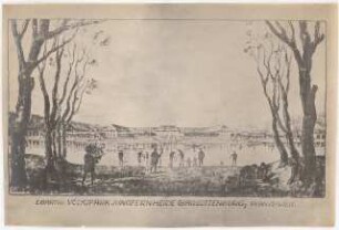 Volkspark Jungfernheide, Berlin-Charlottenburg: Perspektivische Ansicht: Blick über die Planschwiese auf einen Gebäudekomplex