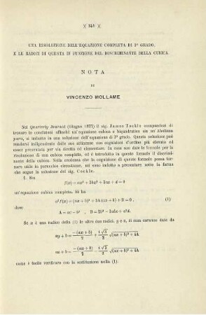 Una risoluzione dell'equazione completa di 3° grado, e le radici di questa in funzione del discriminante della cubica.