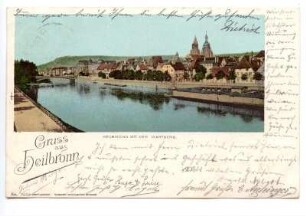 "Heilbronn mit dem Wartberg"; "Gruss aus Heilbronn", Neckarfront mit Neckarbrücke, Postamt Kaiserstraße 2, Obere Neckarstraße, Badeanstalt Georg Linsenmeyer