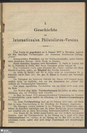 I. Geschichte des Internationalen Philatelisten-Vereins
