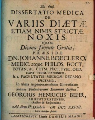 Diss. med. de variis diaetae etiam nimis strictae noxis