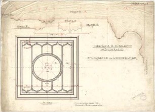 Pfann, Paul; München, Möhlstr.; Wohnhaus O. Bischoff - Wohnzimmer (Deckenabwicklung); Deckenprofile (Schnitte)