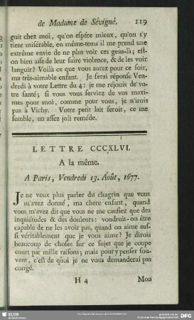 Lettre CCCXLVI. A la même. A Paris, Vendredi 13. Août, 1677