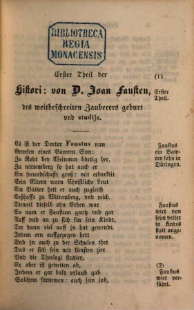 Die Geschichte vom Faust in Reimen : nach dem einzigen bekannten Exemplar von 1587 in der Königl. Bibliothek zu Kopenhagen