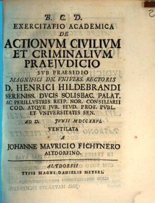 Exercitatio Academica De Actionvm Civilivm Et Criminalivm Praejvdicio